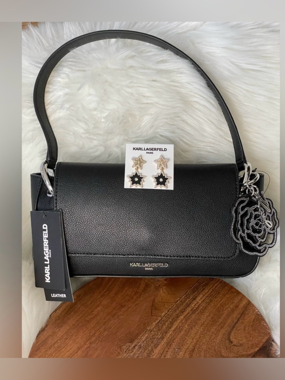 NWT Karl Lagerfeld Black Leather Shoulder Bag and Earring Bundle